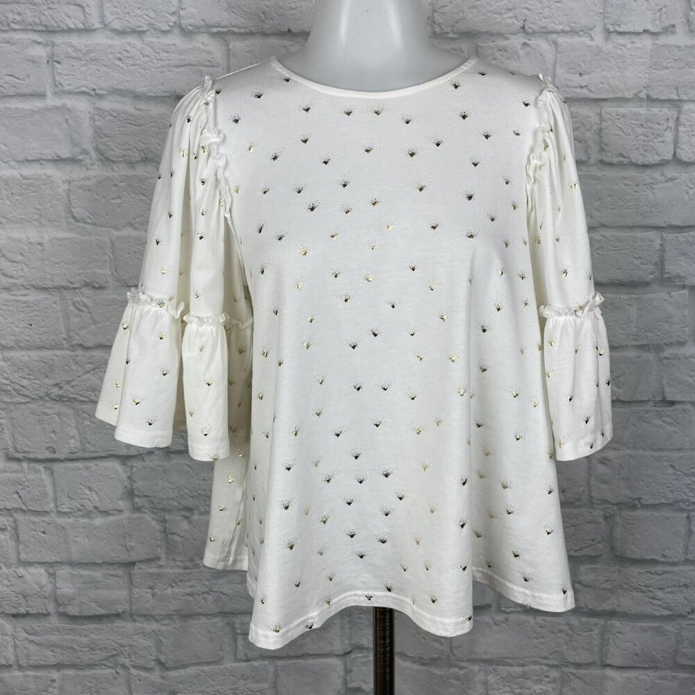 Altar'd State Women's Medium Top White Gold Metallic Bell Sleeve